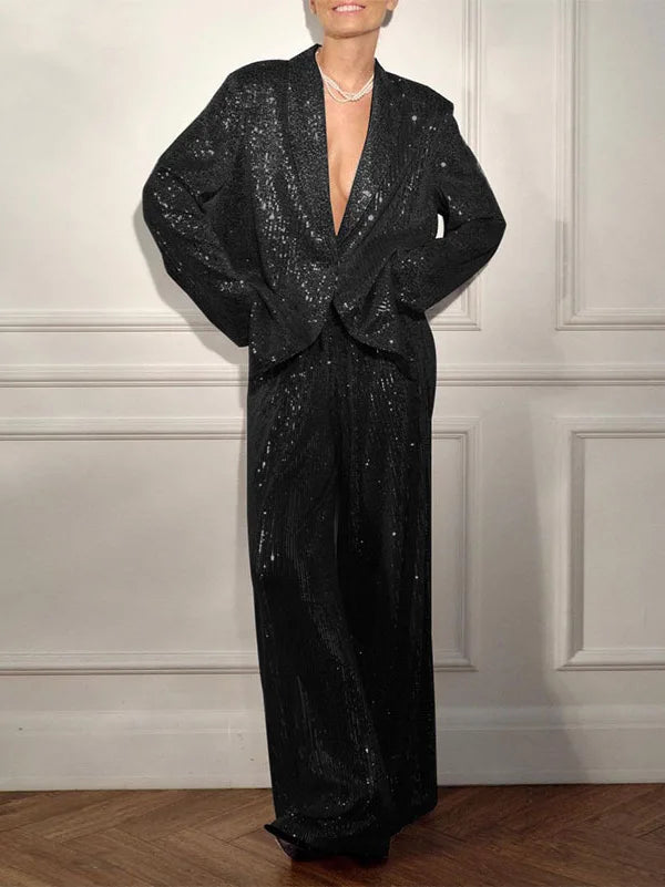 Casual Sequin Jackets Pants Set Women Golden Long Sleeve Lapel Button Wide Leg Pant Autumn Lady Suit Urban Street Loose Sets