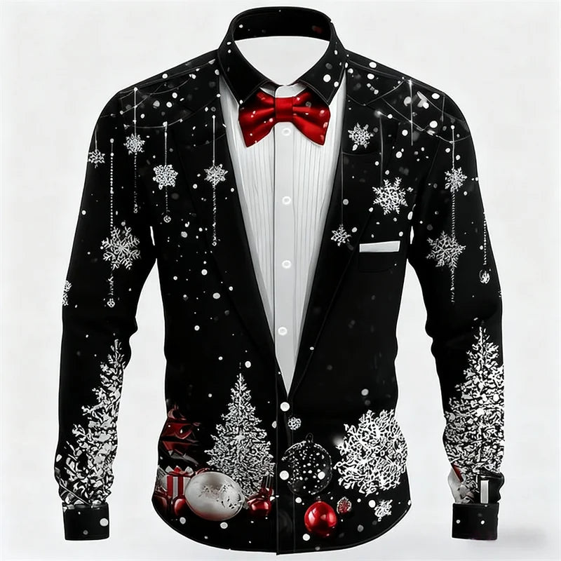 Men's Christmas shirt, casual fashion design, holiday party men's top, long sleeve lapel men's high-end clothing XS-6XL size