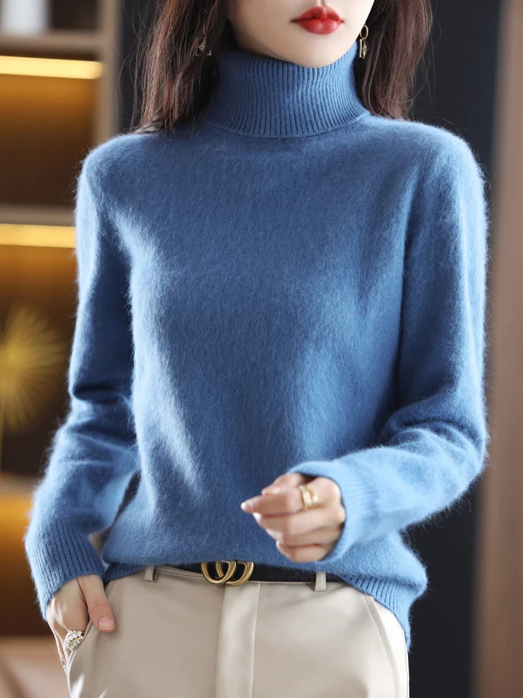 100% Mink Cashmere Turtleneck Sweater Women Solid Color Long Sleeve Top Autumn Winter Fashion Knit Female Warm Pullover Jumper
