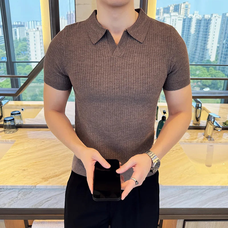Pull Homme Autumn Winter Short Sleeve Polo Style Short Sleeve Sweater Mens Clothing 2024 Slim Fit Casual Knitted Men's Sweaters