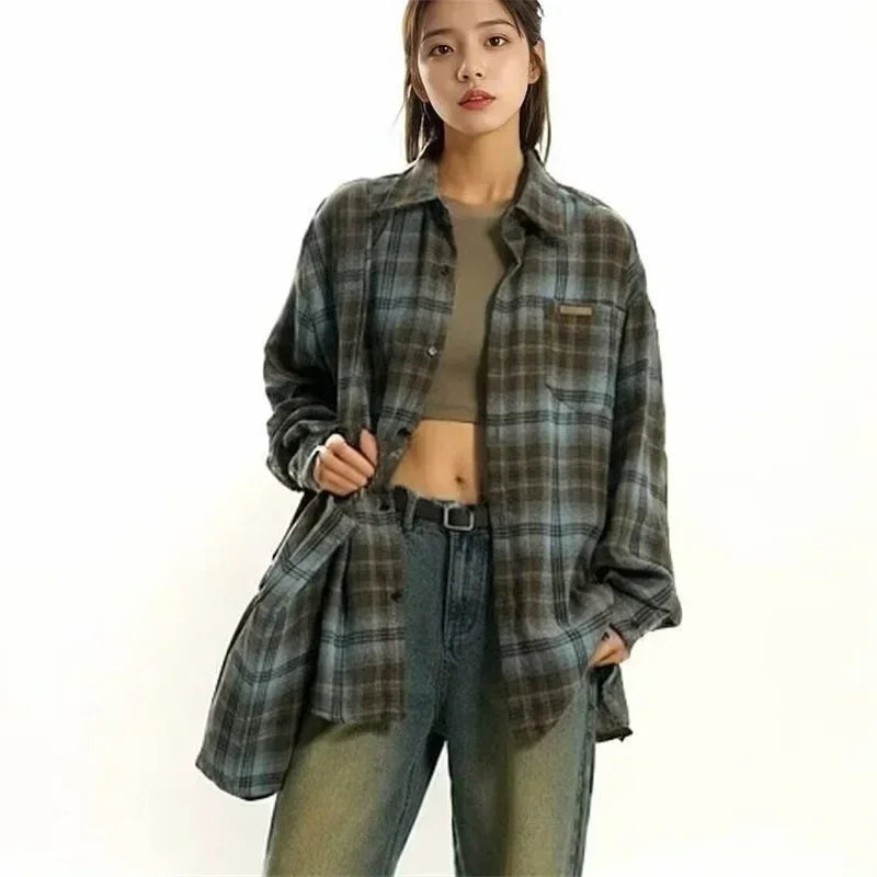 Spring Long Sleeve Plaid Shirt For Men 2025 New Y2K Vintage Streetwear Baggy Lapel Pocket Tee Shirts Korean Fashion Blouse