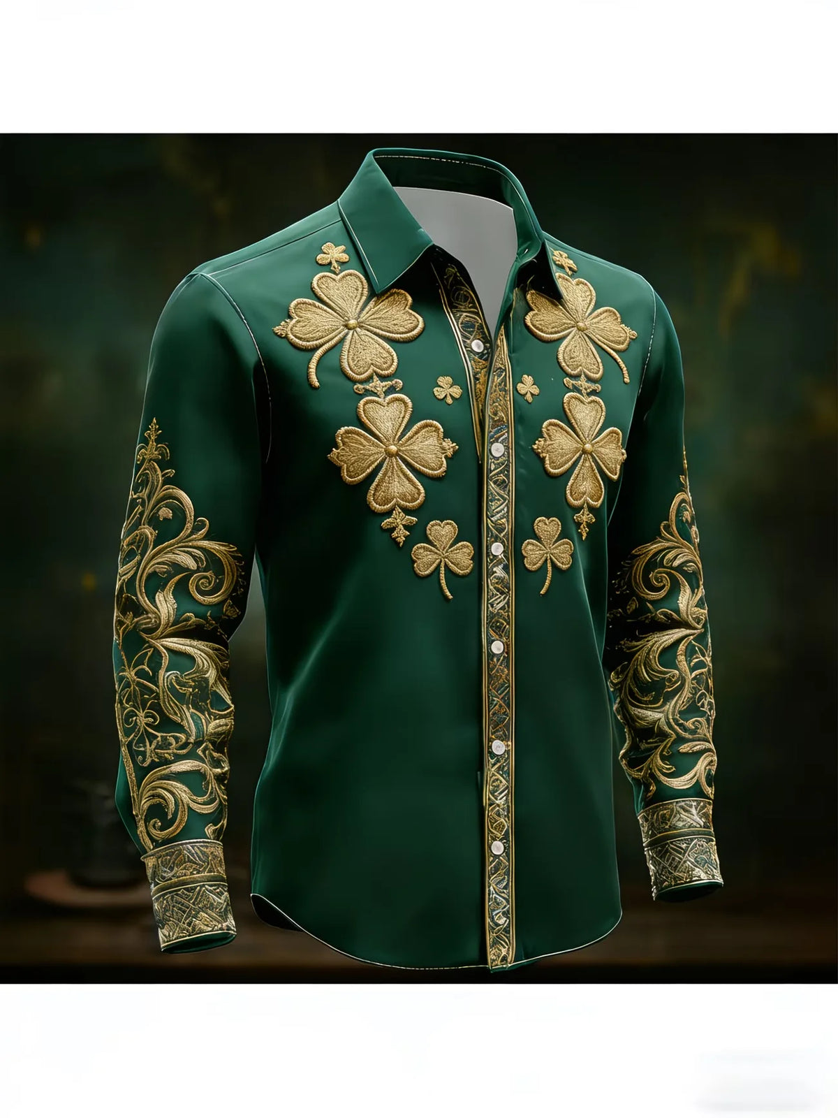 New men's 3D clover print retro pattern casual long sleeved casual shirt fashionable lapel top clothing
