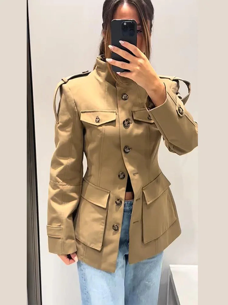 2025 Autumn Stand Collar Long Sleeve Jacket for Women Casual Pockets Solid Female Trench Coats Fashion New Lady Outerwear Street
