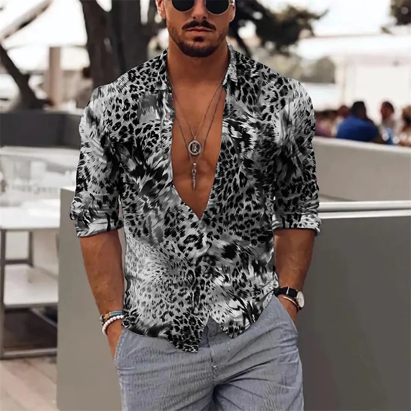 Fashion Leopard Men's Shirt Tops Sapphire Purple Gray Casual Outdoor Spring Summer High Quality Material Plus Size