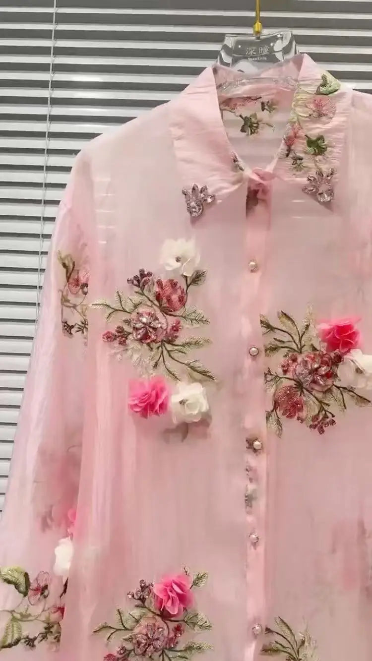 New In 2025 Summer Diamonds Flowers Embroidery Shirts Blouses For Women Long Sleeve Thin Sunscreen  Loose Casual Top Cardigan