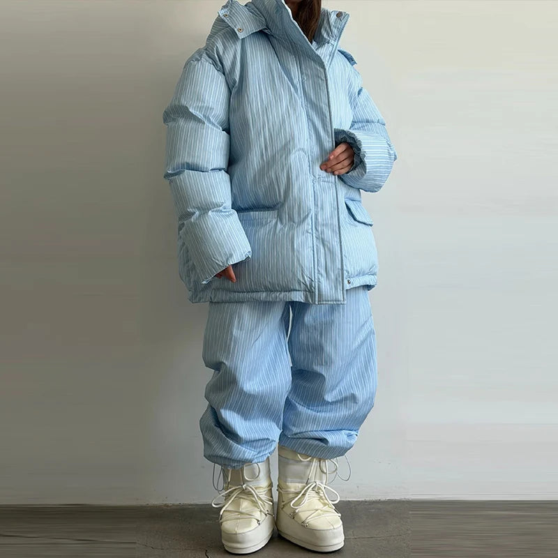 Casual Striped Women's Cotton Coat Trouser Suits Hooded Zippers Thicken Lady Set 2026 Autumn Winter Chic Female Outfits