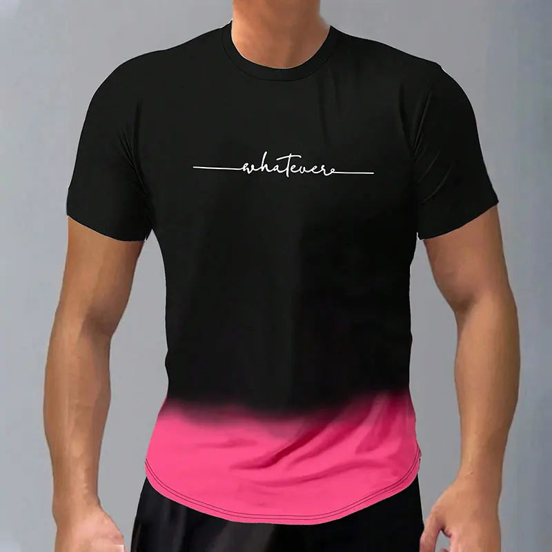 Casual Men's Trendy Short-Sleeved Gradient Letter Printed Round Neck T-Shirt Clothing Spring And Autumn Fitness Sports Tops