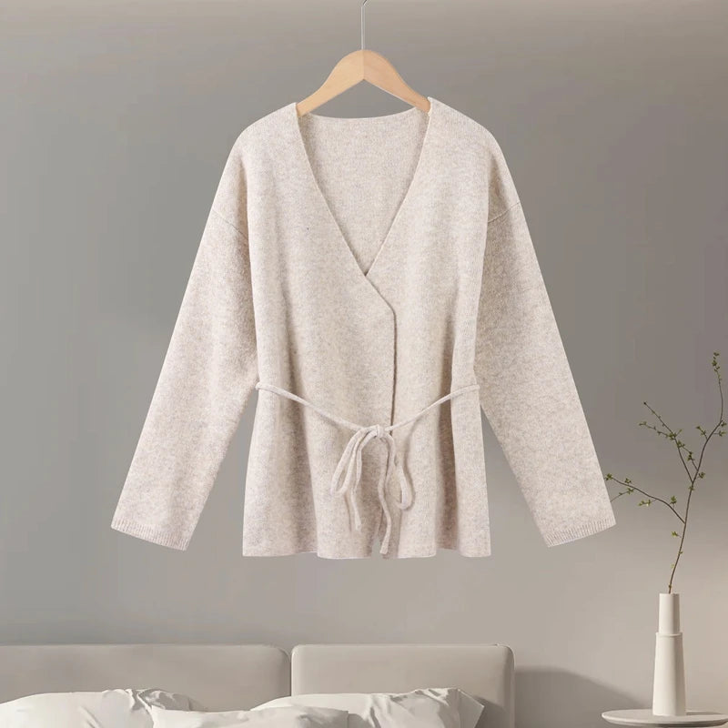 Casual Knit Cardigan Women Loose V Neck Long Sleeves Lace Up Sweater Coats Female 2025 Autumn Winter Solid Soft Chic Knitwears