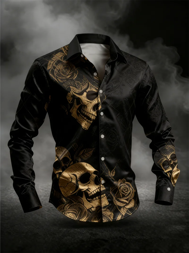 New Men's Long Sleeved Shirt 3D Skull Print Rose Series Gold Black Skull Men's Top Soft Long Sleeved Shirt