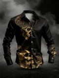 New Men's Long Sleeved Shirt 3D Skull Print Rose Series Gold Black Skull Men's Top Soft Long Sleeved Shirt