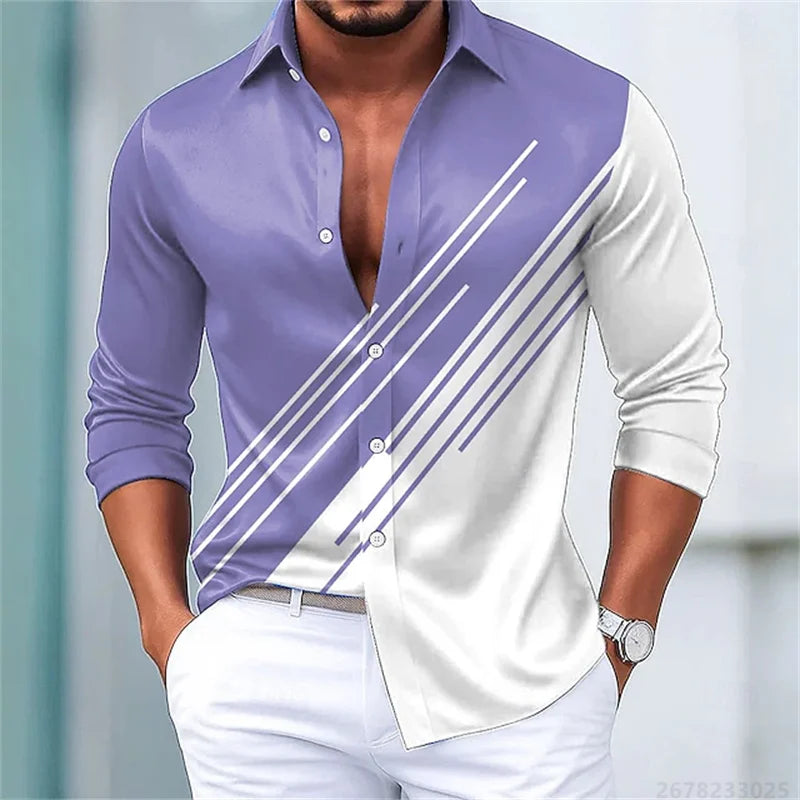 Men's stylish contrasting striped long-sleeved shirt, European and American style slim-fit casual shirt, 15 colors available
