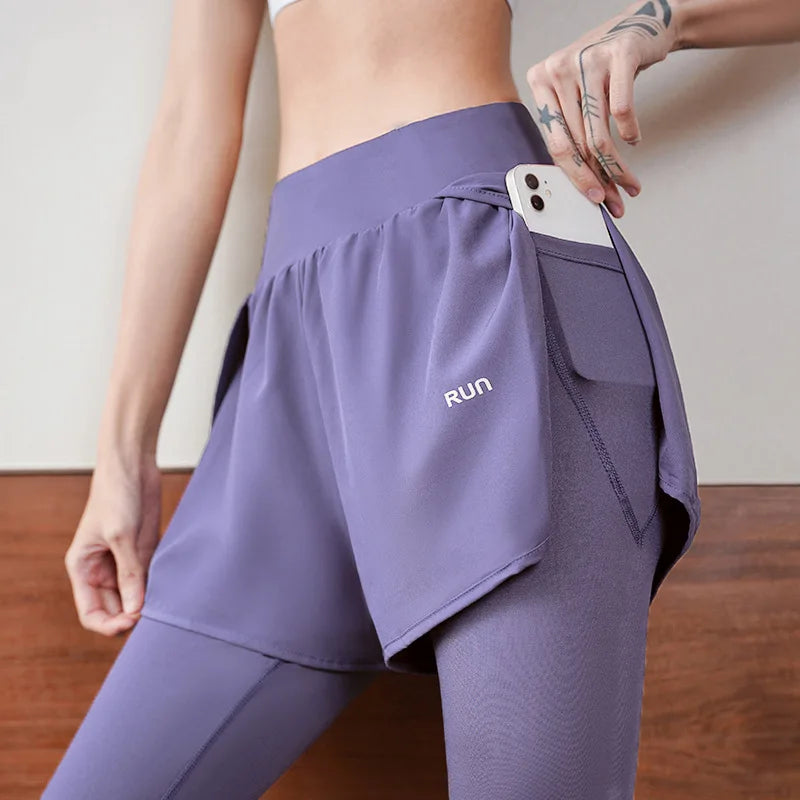 Women's Fall Two-in-One Leggings - High Waist Running Yoga Pants with Slimming Skirted Hem, 4-Way Stretch  From Studio to Street
