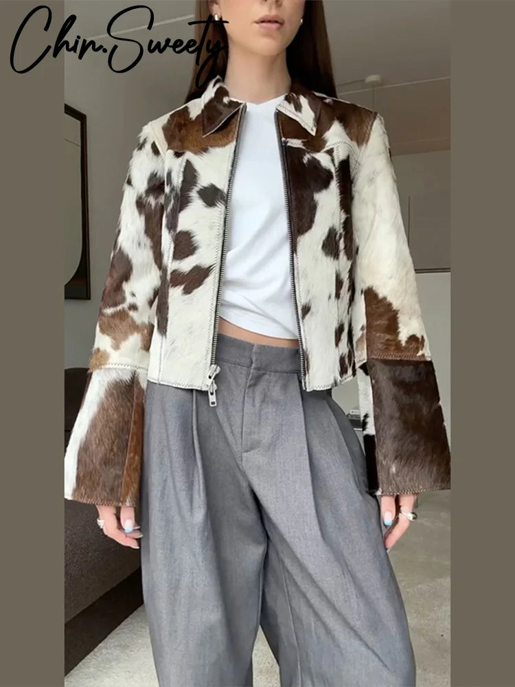 Elegant Print Short Jacket Women Retro Lapel Zippers Long Flare Sleeve Female Outwear 2025 Autumn Fashion Lady Streetwear New