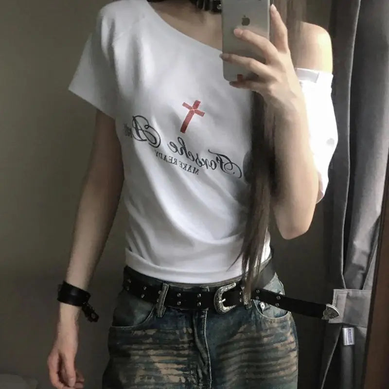 Seeslim Gothic Off Shoulder Cross Graphic T Shirts 2000s Clothes Y2k Short SLeeve Tees Female Clothing Goth Summer Tops T-shirt