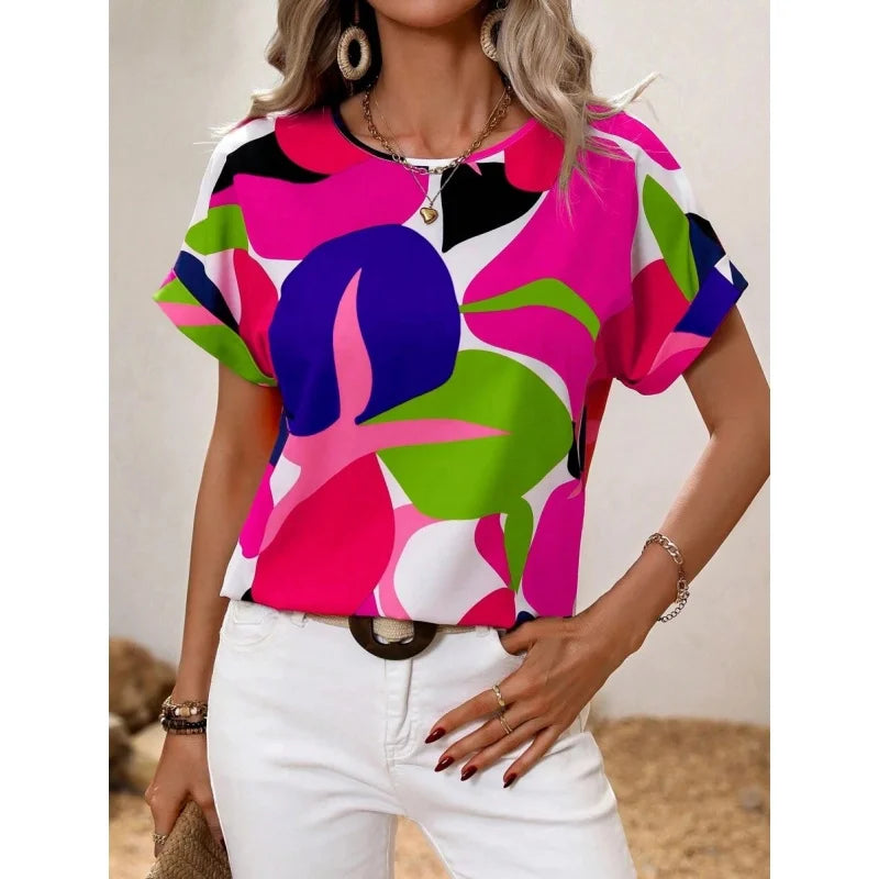 Geometry Pattern T Shirt For Women Colorful Color Blocks 3D Printed Short Sleeves Tees Summer Casual Loose T-Shirts O-Neck Tops