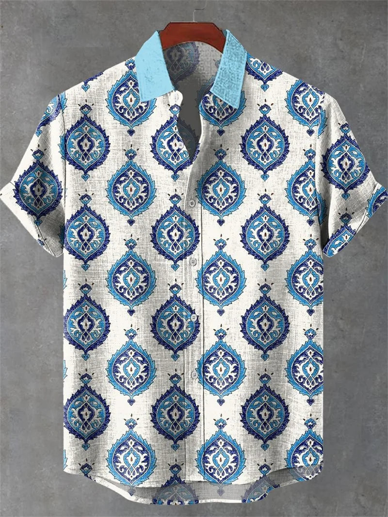 Men's New Short Sleeve Shirt 3D Geometric Pattern Printed Fashionable Casual Street And Outdoor Shirt Linen Shirt