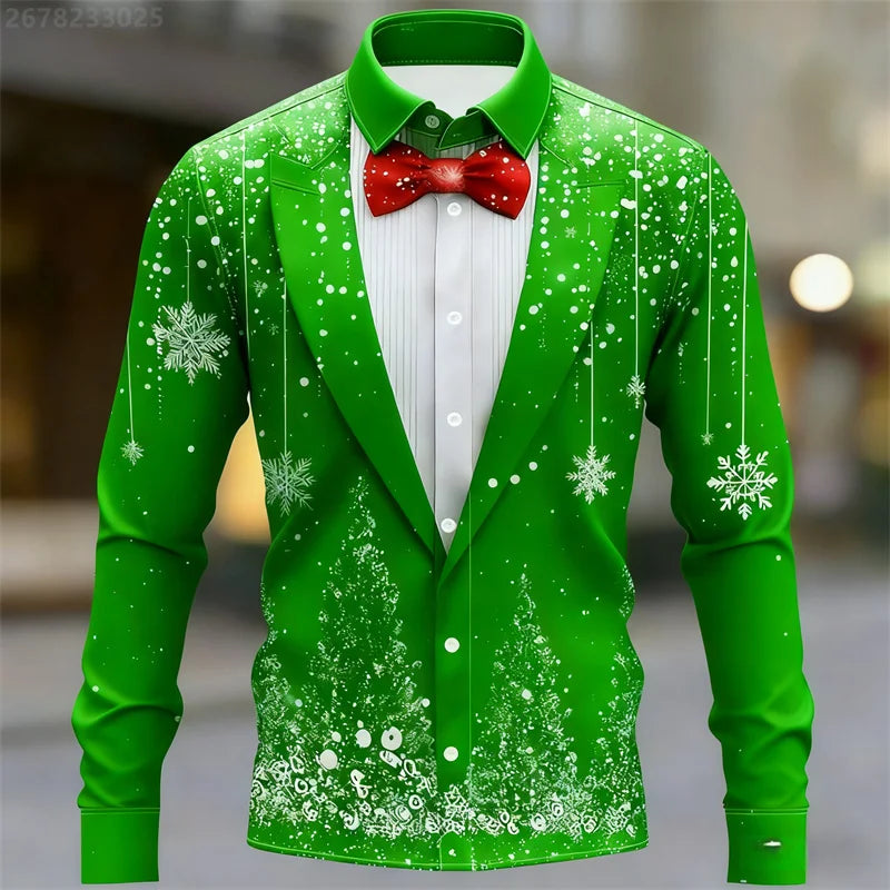 Men's Christmas shirt, casual fashion design, holiday party men's top, long sleeve lapel men's high-end clothing XS-6XL size