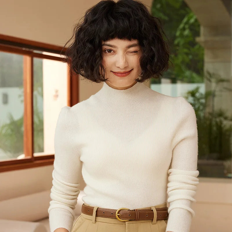 Autumn and Winter New Women's 100% Pure Cashmere Semi High Neck Pullover Sweater Knitted Slim Fit Hot Selling Women's Top