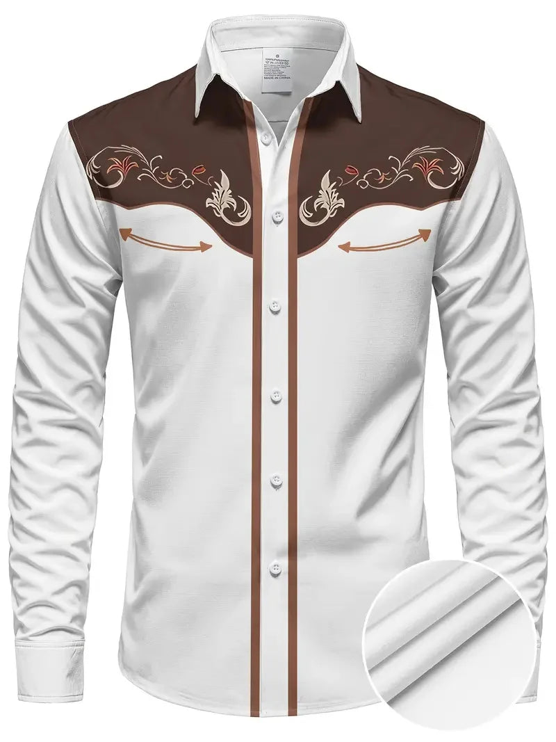 New Men's Western Print Long Sleeve Lapel Shirt Casual Social Men's Long Sleeve 3D Printed Clothing