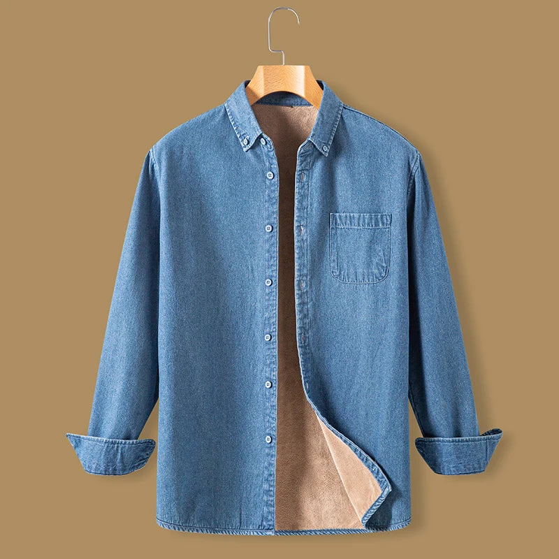 New in shirt Winter Thick Warm cowboy long sleeve shirts for men slim fit casual single pocket tops linen cotton elegant clothes
