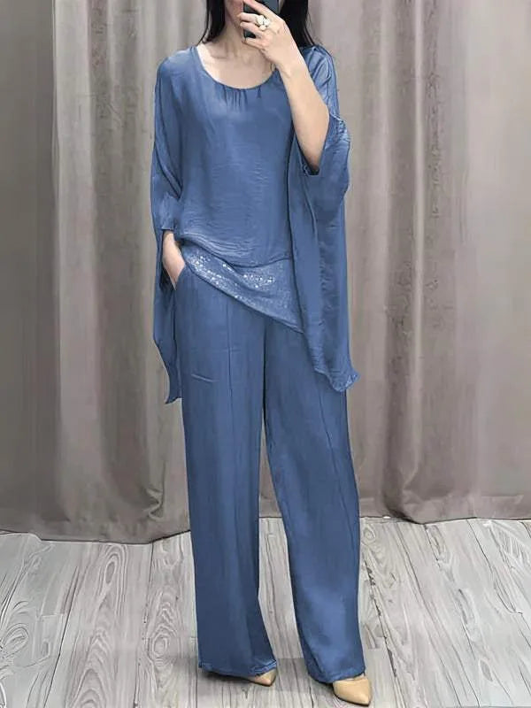 Fashion 2 Piece Set Party Outfits New Spring Summer Elegant Women's Suit Casual Bat Wing Sleeve Blouse Top With Wide Leg Pants