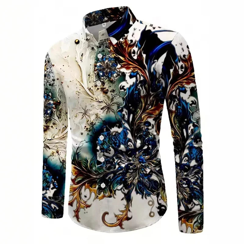 Men's blue and gold marble print long-sleeved shirt. Fashionable casual design, slim fit for banquets and business suits. XS-6XL