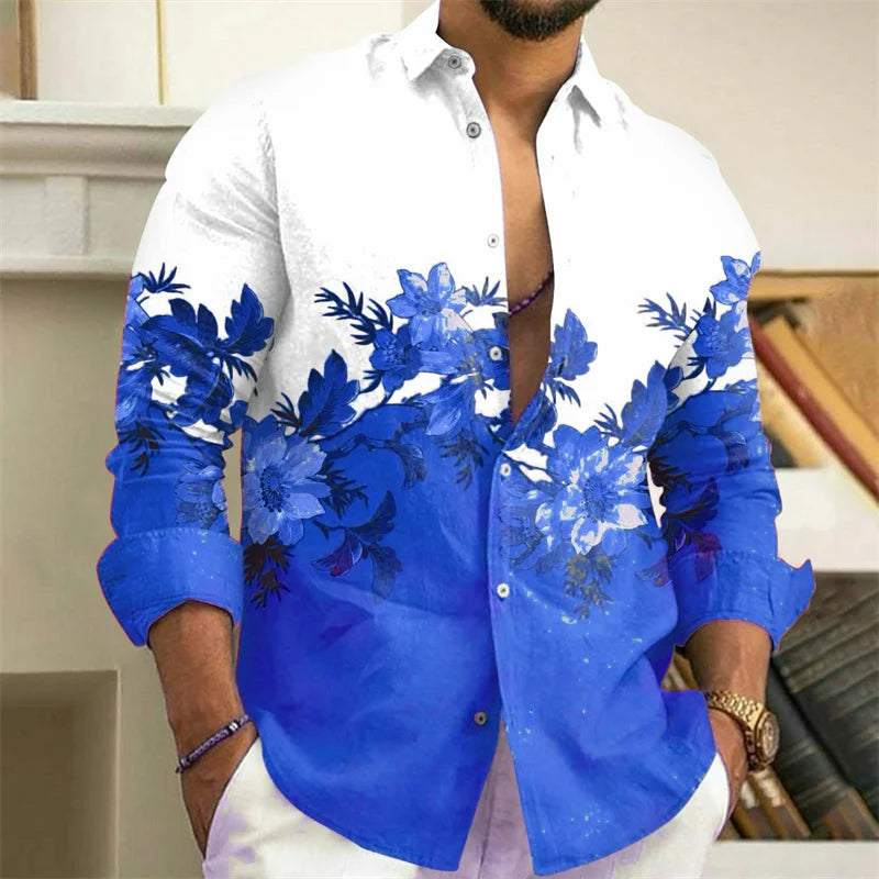Men's Shirt 3D Floral Print Lapel Long Sleeve Men's Tops Vintage 2025 Street Trend Outdoor Fashion Dress Designer XS-6XL