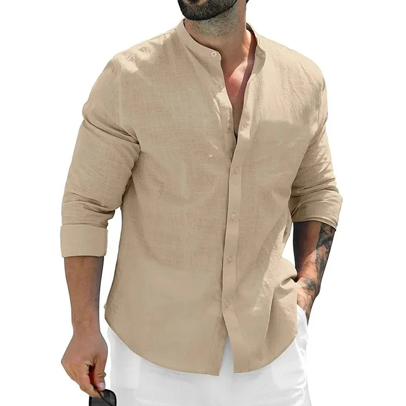 Men's shirt, long-sleeved shirt, solid color, round neck, single-breasted shirt, outdoor casual business office clothing, large