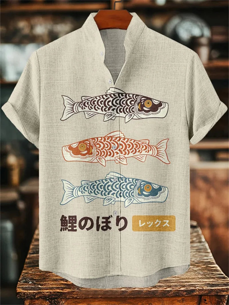 New Men's Linen Short Sleeve Shirt Vintage 3D Wave Octopus Printed Wave Button Shirt Men's Casual Top Shirt