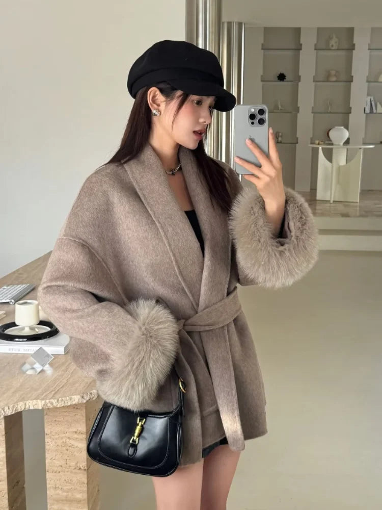Blue Lace Up Plush Fur Sleeve Jacket Women Elegant Medium Length V-neck Woolen Coat New Autumn Casual Fashion Commuter Outwear