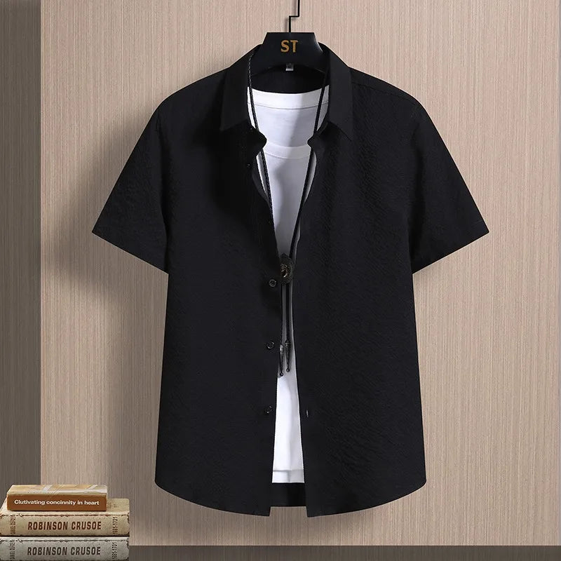 Men's Shirts Seersucker Short Sleeve Male Shirts Summer Casual Business Textured Solid Button Up Office Top