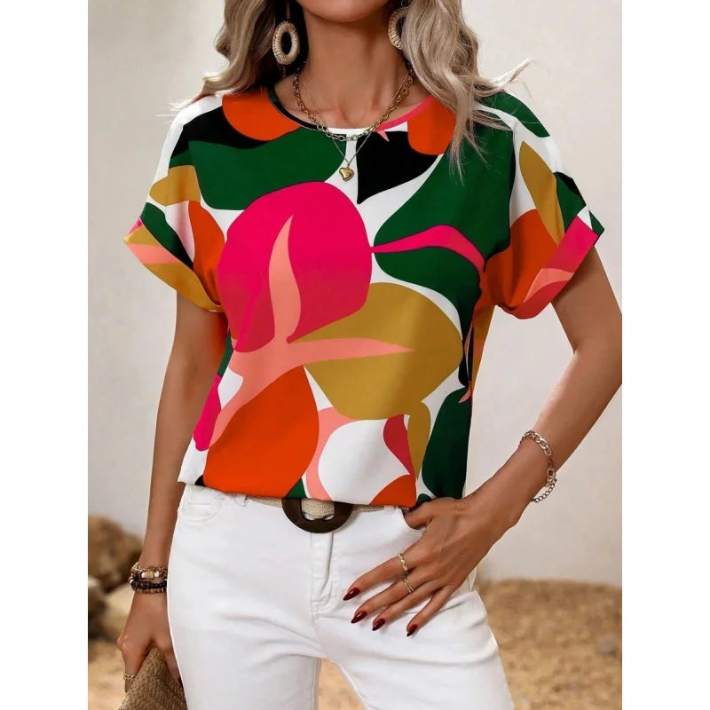 Geometry Pattern T Shirt For Women Colorful Color Blocks 3D Printed Short Sleeves Tees Summer Casual Loose T-Shirts O-Neck Tops
