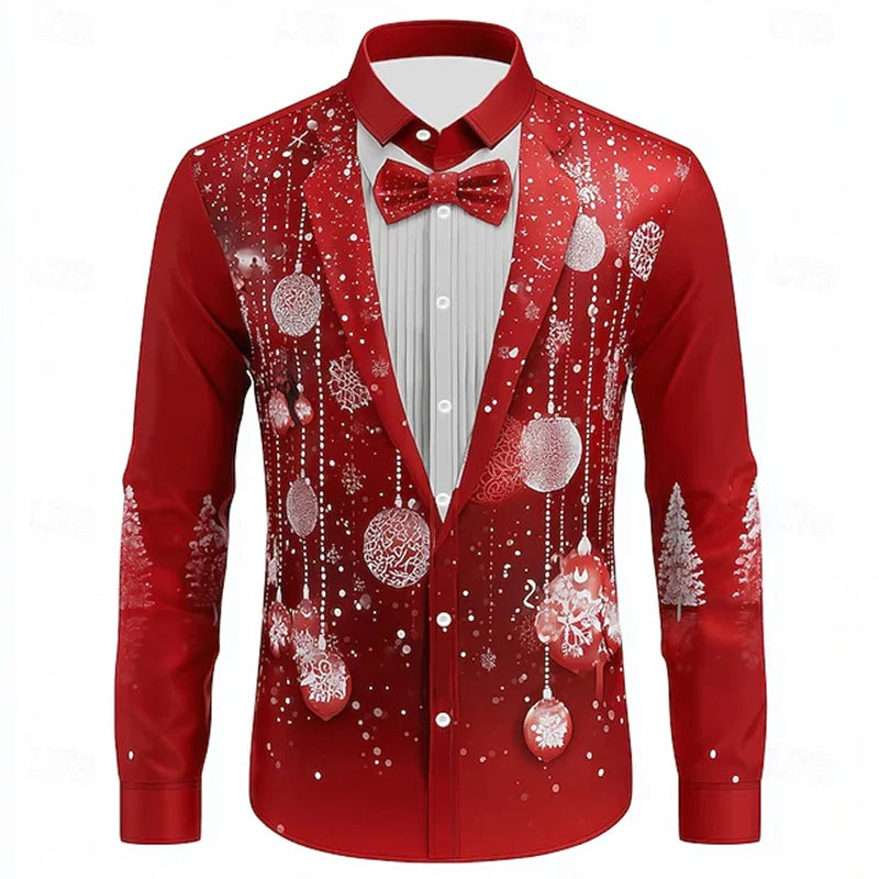 Men's Christmas shirt, casual fashion design, holiday party men's top, long sleeve lapel men's high-end clothing XS-6XL size