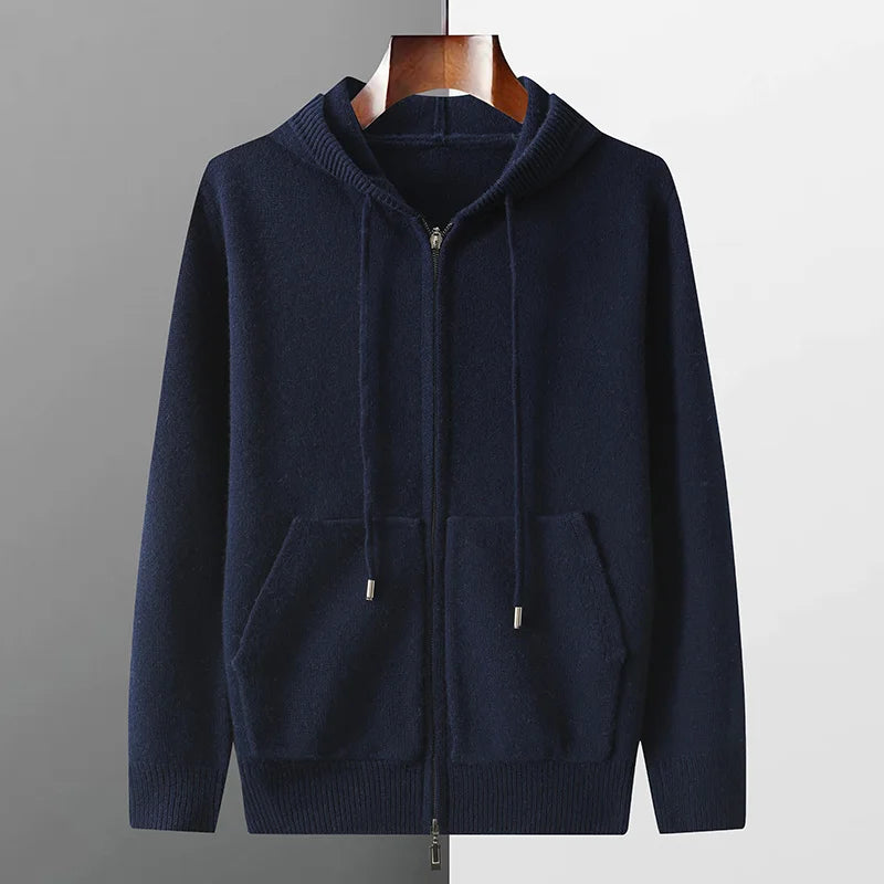 Autumn And Winter Men's 100% Pure Wool Cardigan Warm Zipper Hooded Casual Knitted Cashmere Coat