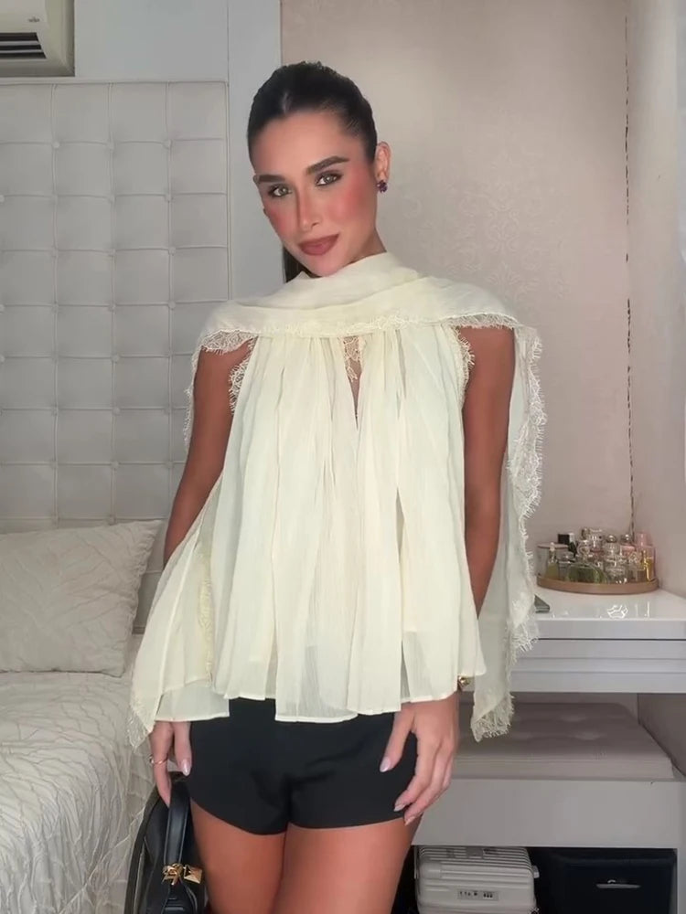  Elegant Ribbon Chiffon Shirt Women's Lace Patchwork Sleeveless Tops 2026 Spring Summer New Female Versatile Blouses Clothes