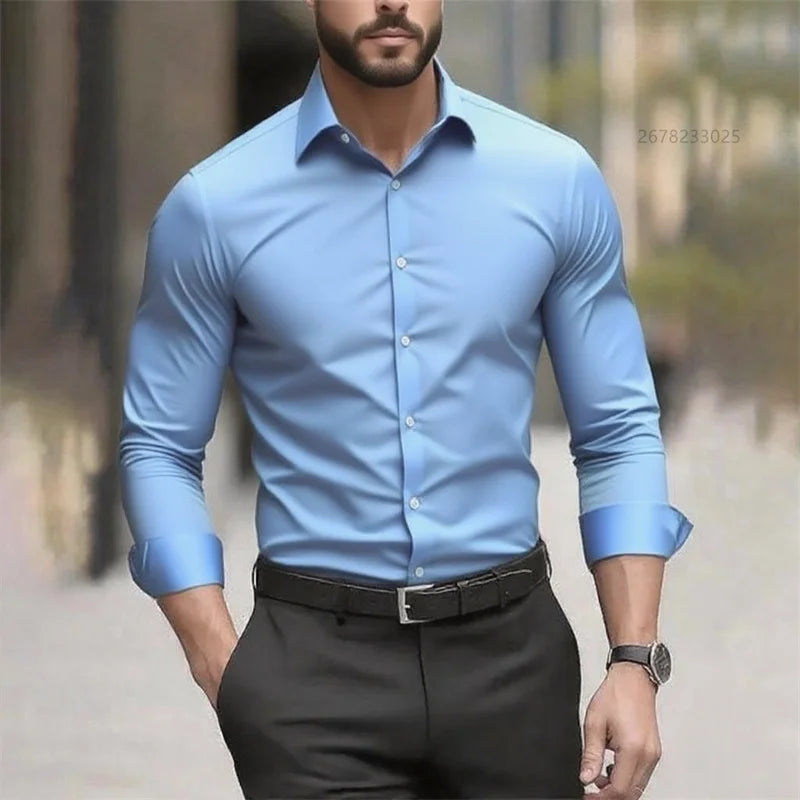 Solid Color Men's Shirt Casual White Shirt, High Quality Solid Color Long Sleeve Stretch Fabric, Business Formal Shirt, XS-6XL