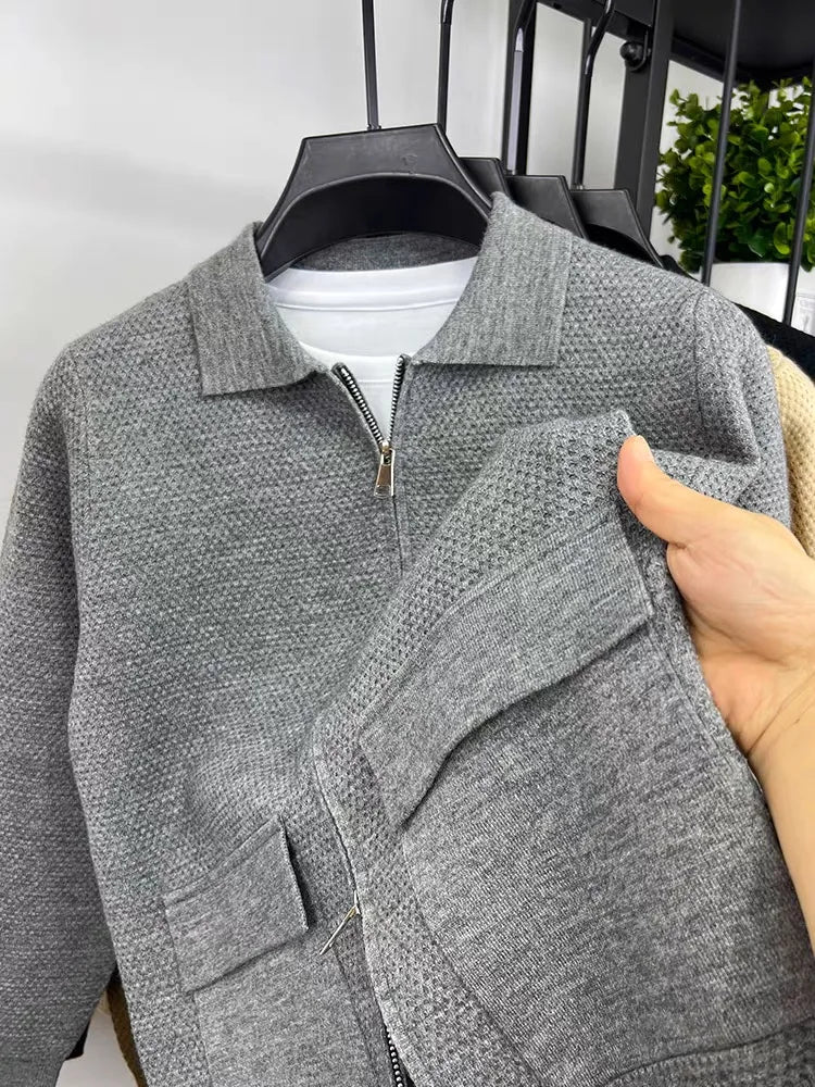 Light luxury high-end lapel zipper knitted jacket men autumn new style fashion pocket design Korean casual warm weater coat