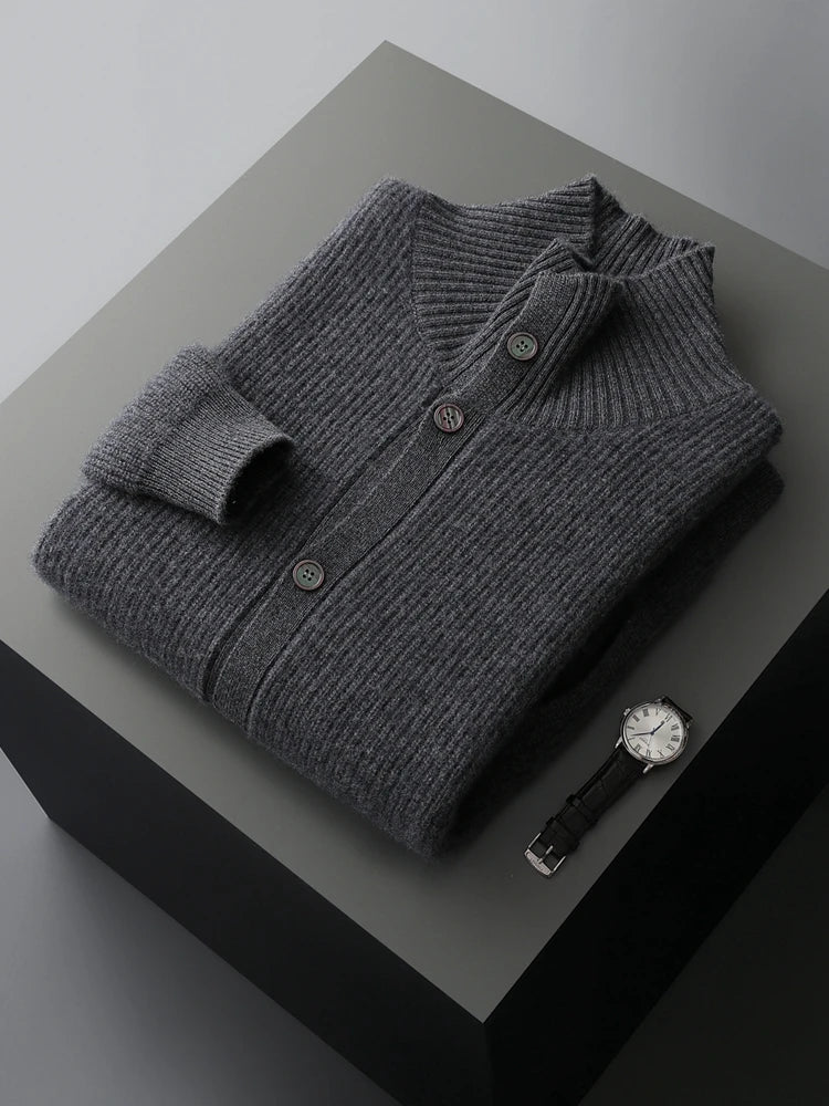 Luxury 100% Cashmere Cardigan for Men Mock Collar Thickening Sweater Autumn Winter Knitted Coat Soft Clothing Smart Casual Top