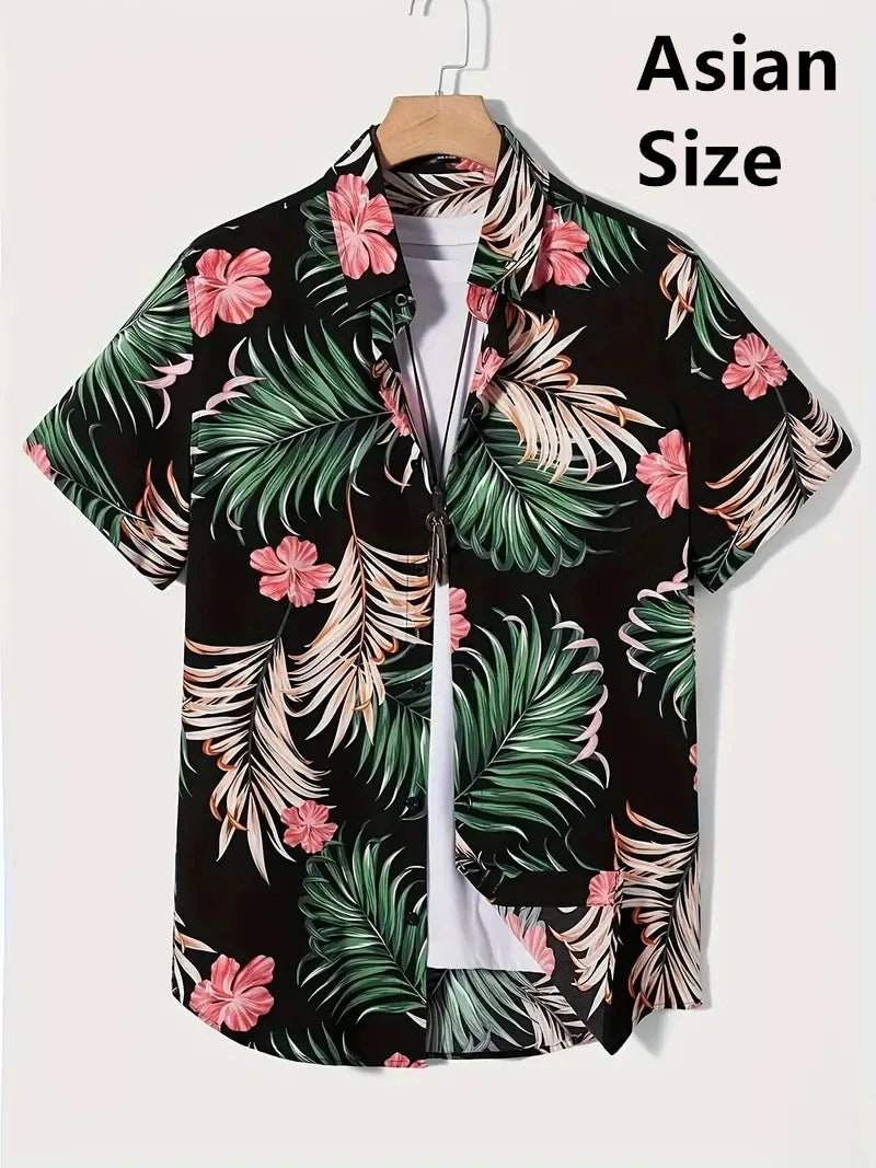 Tropical Coconut Tree Pattern Men's Short Sleeve Button Down Lapel Shirt For Summer Resort Holiday Hawaiian Style Oversized Tops