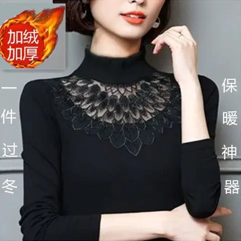 Woman Tshirts Autumn  Winter Lace  Women's Long Sleeve Turtleneck Stretch T-shirt Tops Mujer Camisetas