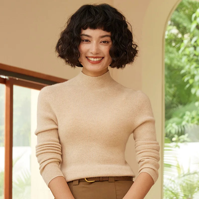 Autumn and Winter New Women's 100% Pure Cashmere Semi High Neck Pullover Sweater Knitted Slim Fit Hot Selling Women's Top