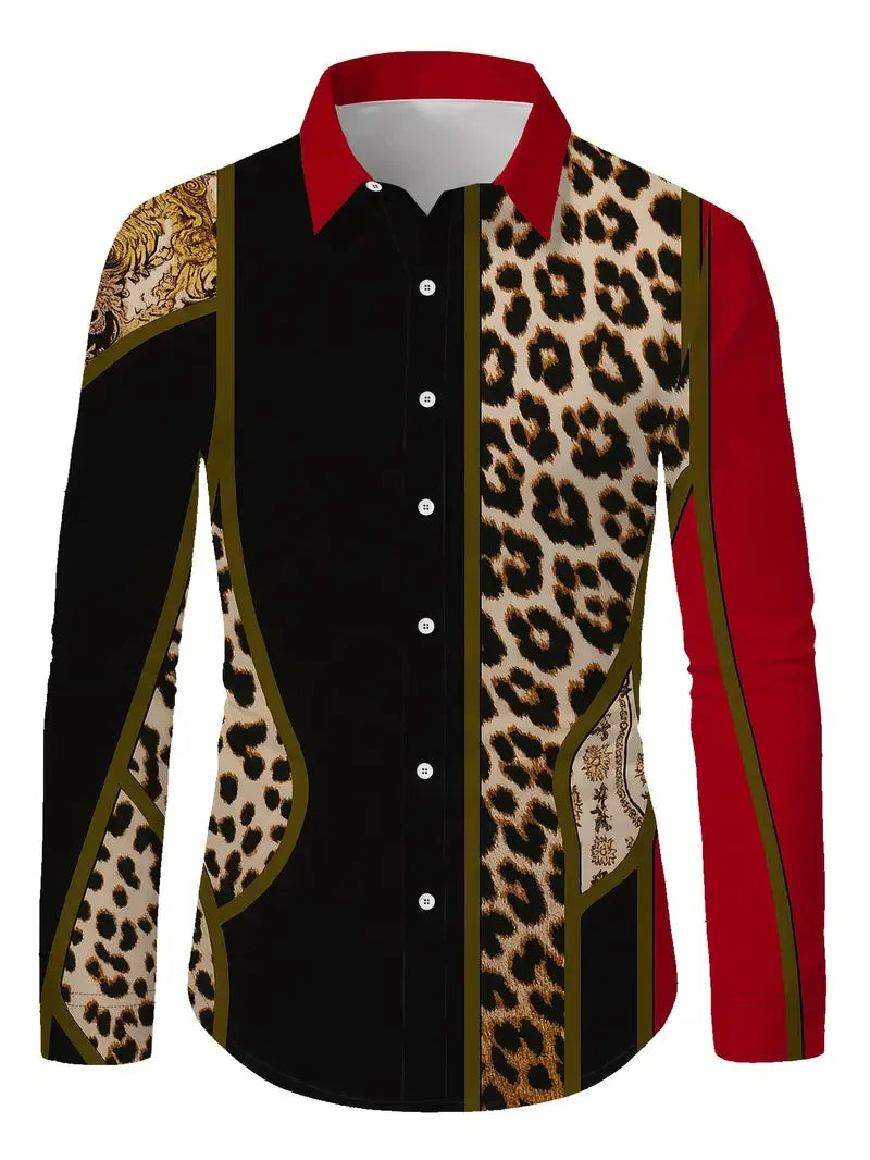 High Quality Men's Leopard Print Button Up Shirt Baroque Chain Anchor Long Sleeved Party Casual Lapel Long Sleeved
