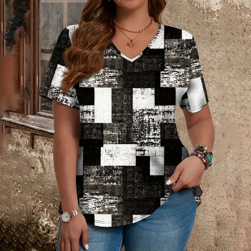 Women's T-shirt Summer V-neck Short Sleeve Tops Graphic Print Outdoor T-shirt Female Casual Oversized Clothing Streetshirts