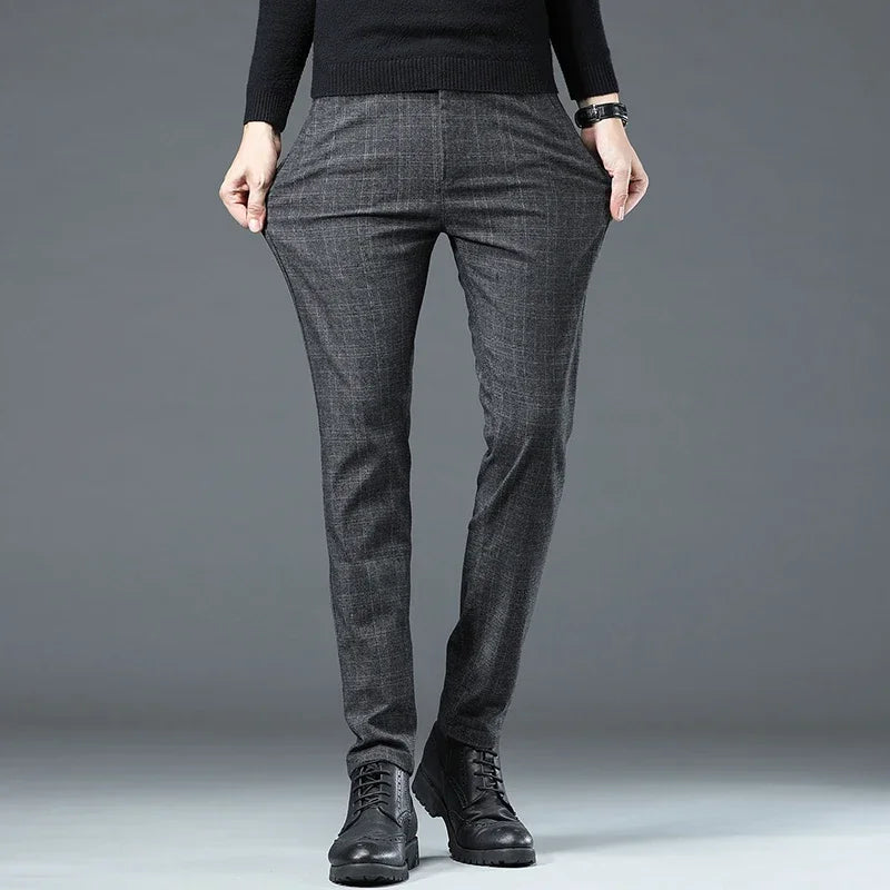 Business Men Pants Spring Autumn Korea Cotton Comfortable Elastic Plaid Casual Fashion Trousers Male Clothing Suit Pant