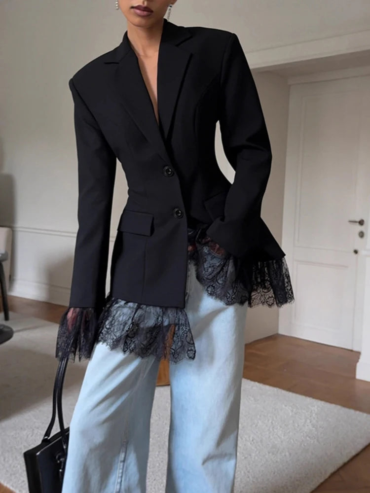 Lace Trimmed Single Breasted Blazer Long Sleeve Tailored Slim Women 2025 Autumn Elegant Suit Jacket Office Party Chic Lady Coat