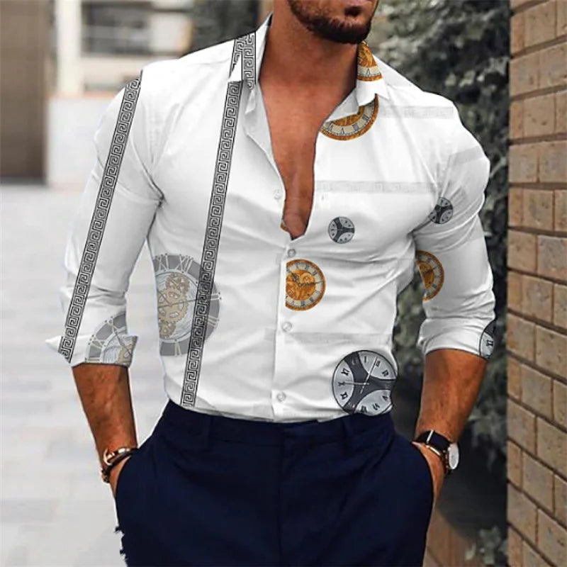Men's shirts 3D printed shirts for daily outings, lapels for fashionable long sleeved clothing, fashion designers for leisure