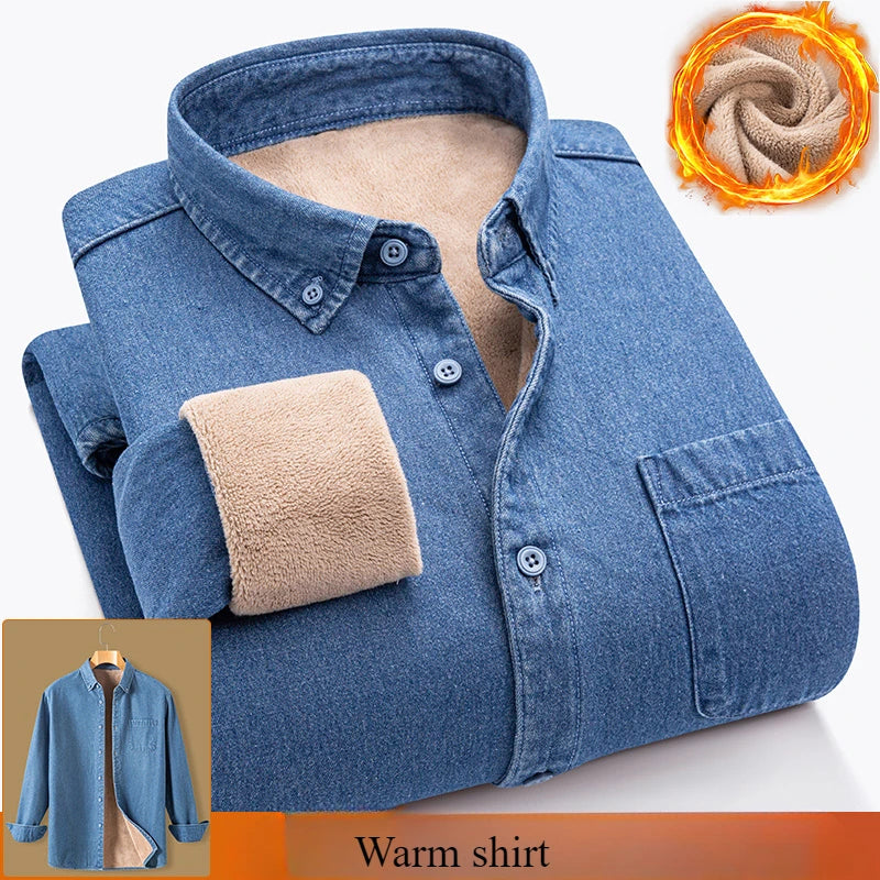 New in shirt Winter Thick Warm cowboy long sleeve shirts for men slim fit casual single pocket tops linen cotton elegant clothes