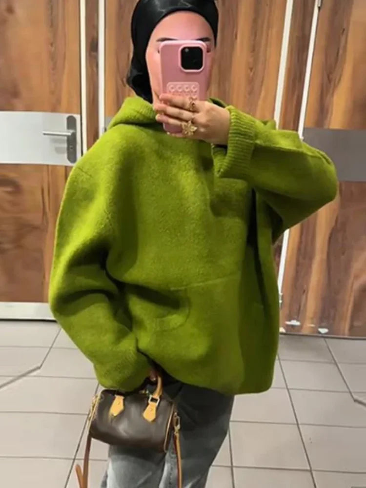 Solid Casual Knitted Oversize Sweaters Hoodie Women Long Sleeve Commute 2026 Autumn Winter Female Pullover Chic Street Jumper