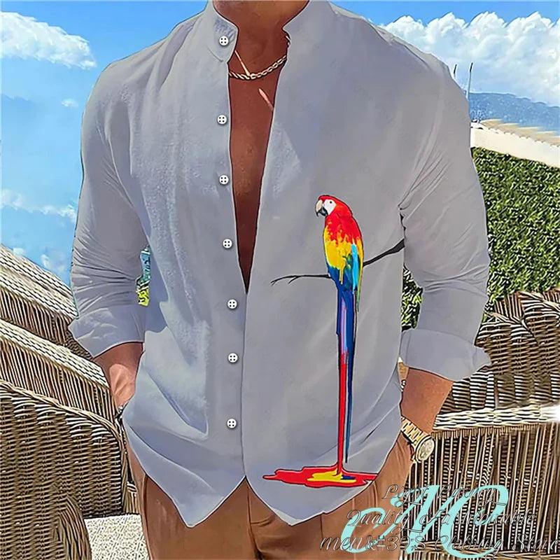 15 Color Men's Shirt Long-Sleeved Shirt 3D Printing Parrot Pattern Standing Collar Clothing Fashion Casual XS-6XL Size