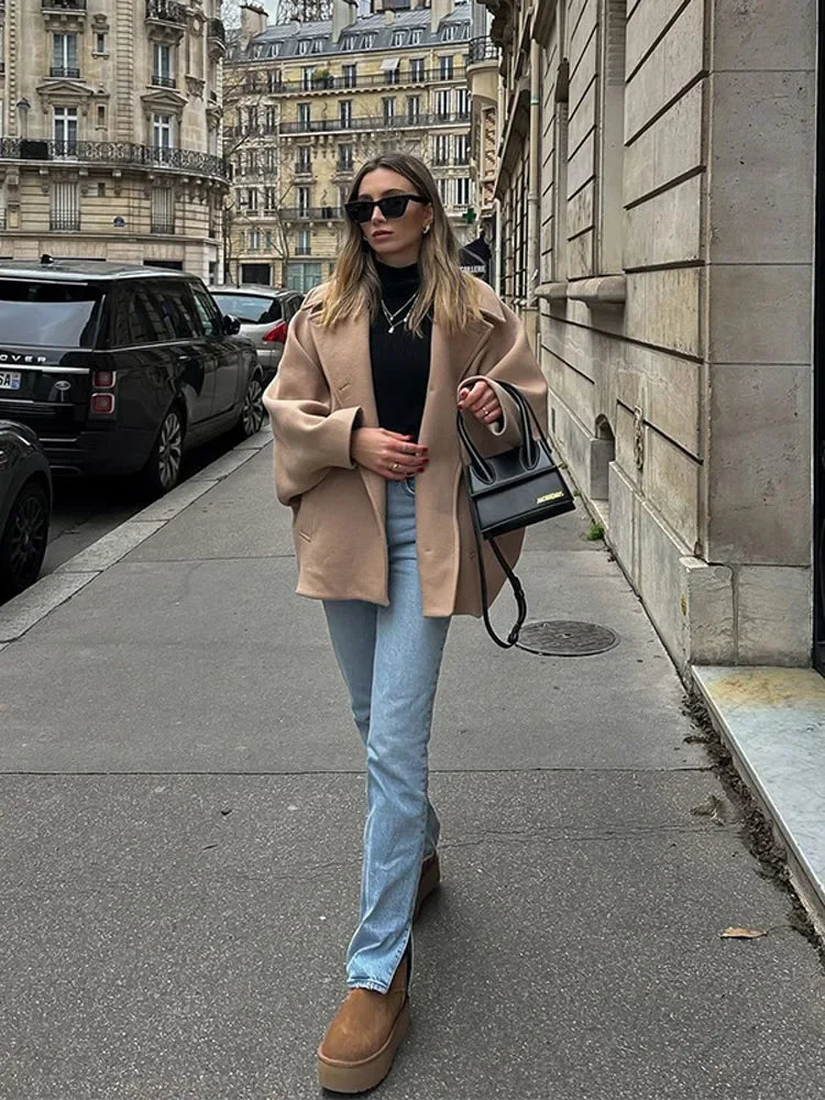 Elegant Woolen Lapel Coat Loose Solid Long Sleeve Single Breasted Pocket Female Jackets 2025 Autumn Fashion Street Lady Outwear